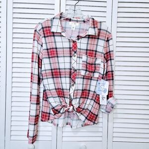 Just Be Red White Violet Plaid Roll Tab Sleeves Button Down Women's Size Medium